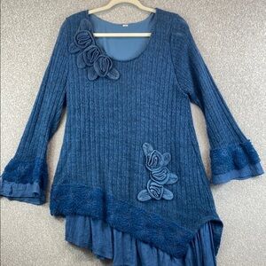 Rozz Lagenlook midi asymmetrical cut floral embellishment blue M boho cottage